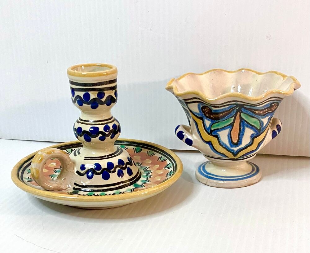 Talavera Pottery Chamber Candle Holder & Fluted Pedestal Bowl - México Artisan